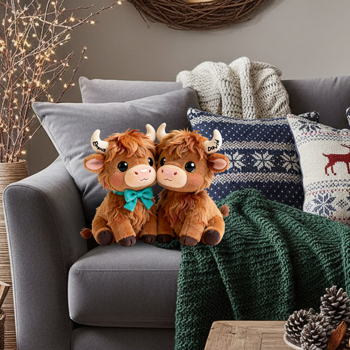 You & Me We - Personalized Highland Cow Faux Fur Shaped Pillow