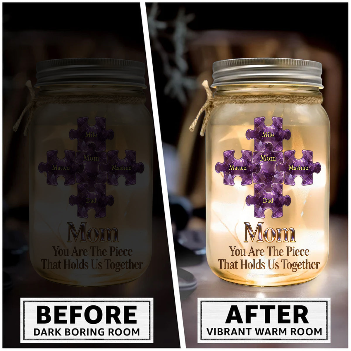 You Are The Piece That Hold Us Together - Personalized Mother Mason Jar Light