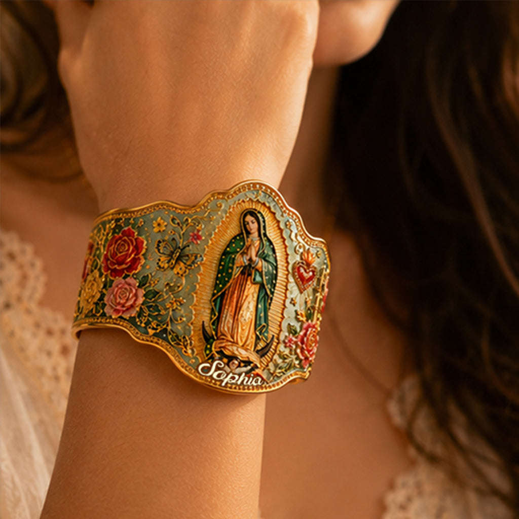 Mexican Goddess, Guadalupe - Personalized Christian Shaped Cuff Bracelet
