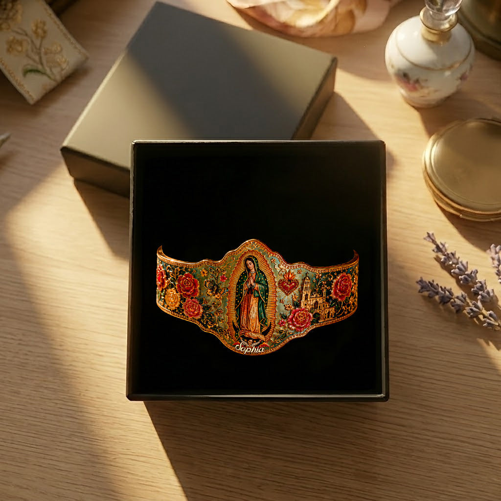 Mexican Goddess, Guadalupe - Personalized Christian Shaped Cuff Bracelet