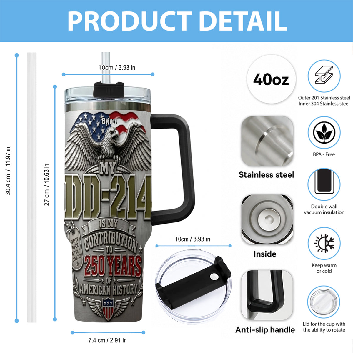 250 Years Of America History - Personalized Veteran Tumbler With Handle
