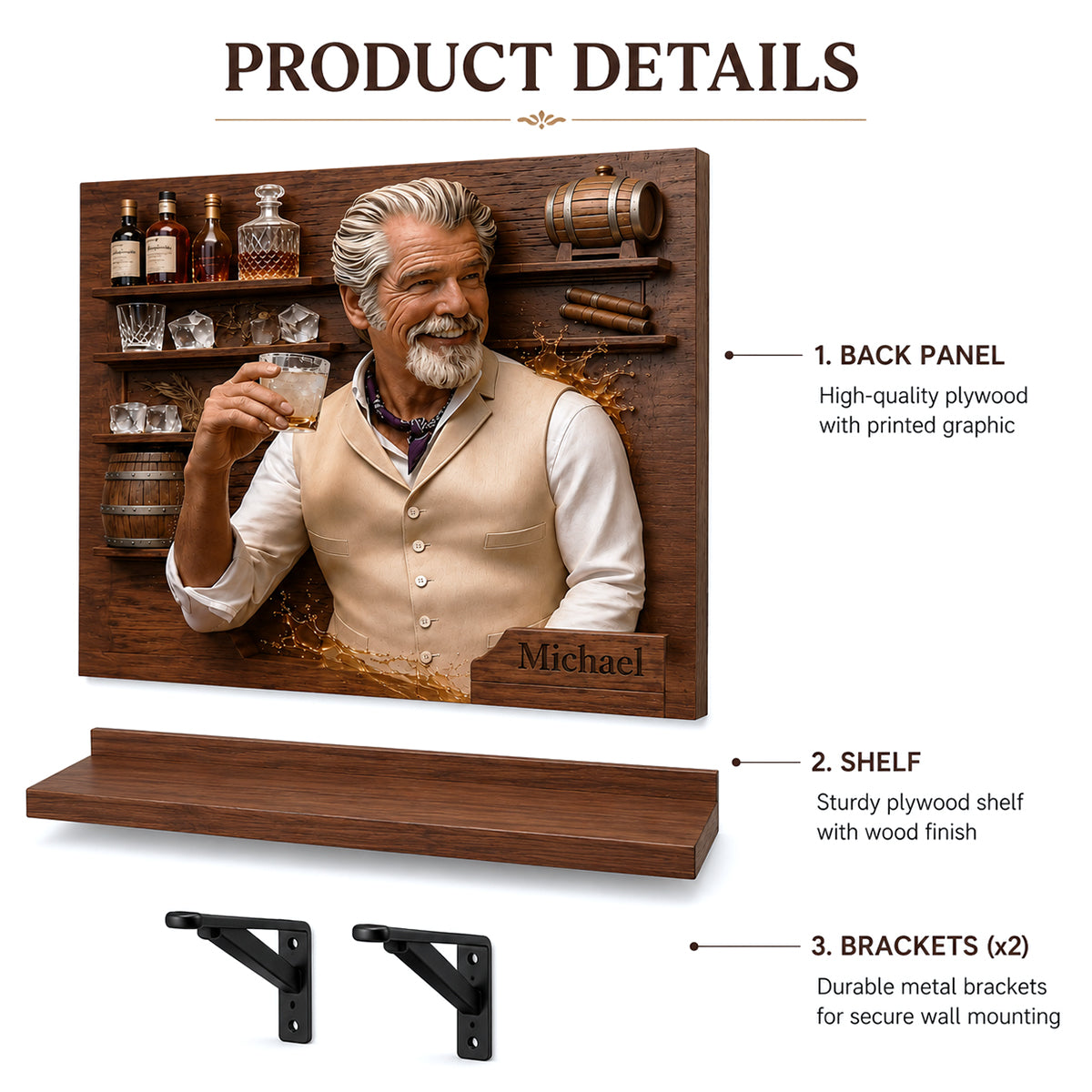 Whiskey Room Decor - Personalized Whisky Wooden Floating Shelf