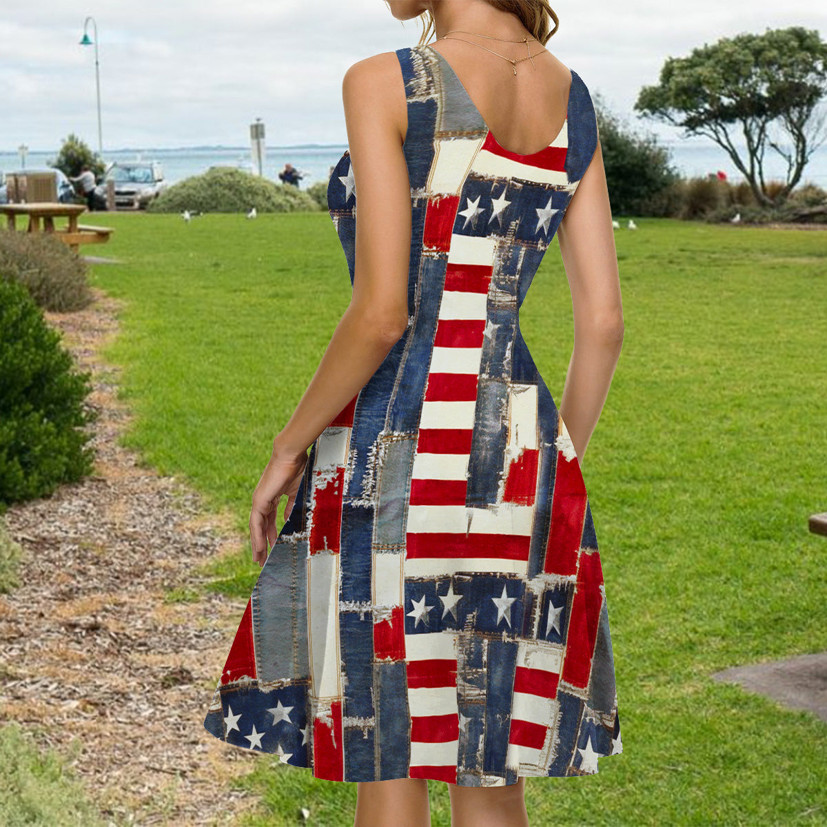 Retro American Flag Denim Floral Art - Personalized Independence Day/ 4th of July Sleeveless Dress