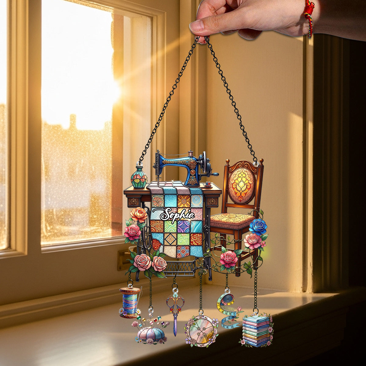 Love Sewing - Personalized Sewing Window Hanging Suncatcher With Charms
