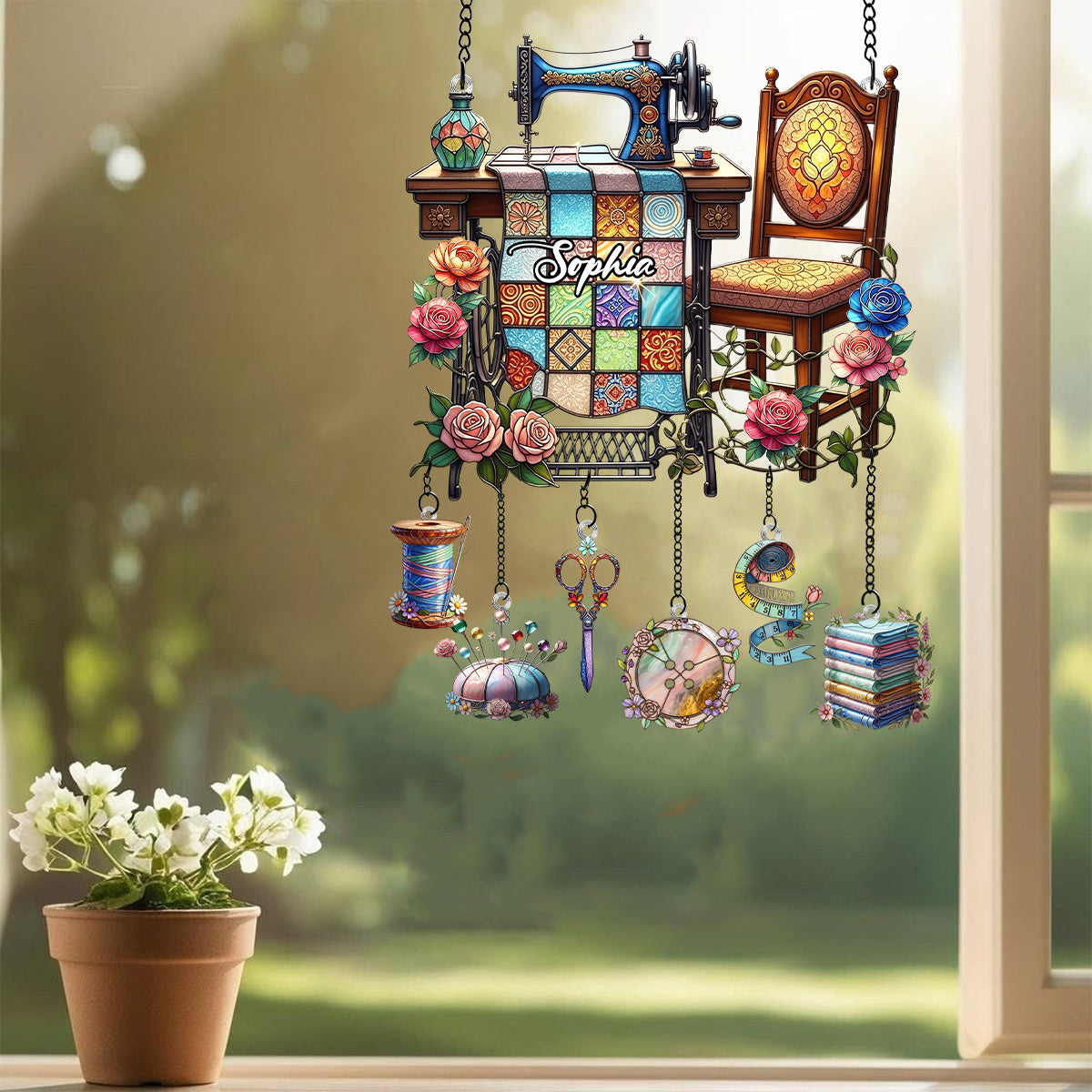 Love Sewing - Personalized Sewing Window Hanging Suncatcher With Charms