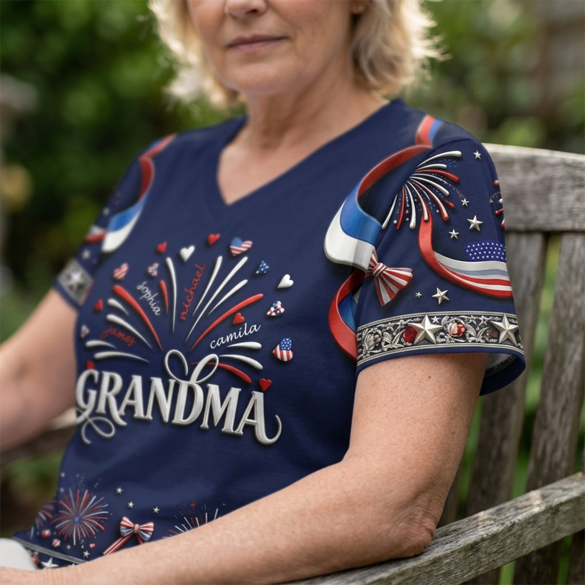 Patriotic Grandma Shirt - Personalized Grandma Fully Printed V-Neck T-Shirt