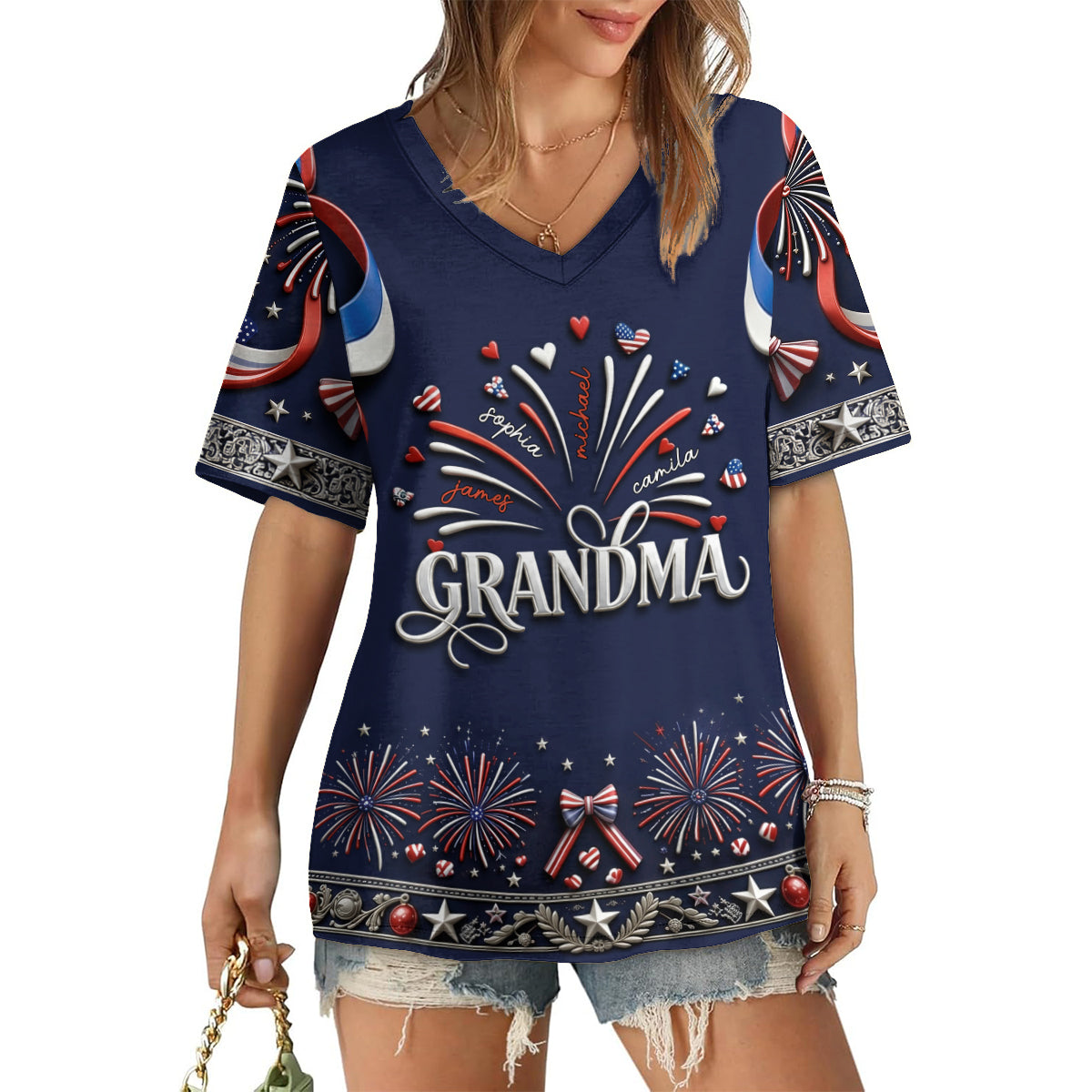 Patriotic Grandma Shirt - Personalized Grandma Fully Printed V-Neck T-Shirt