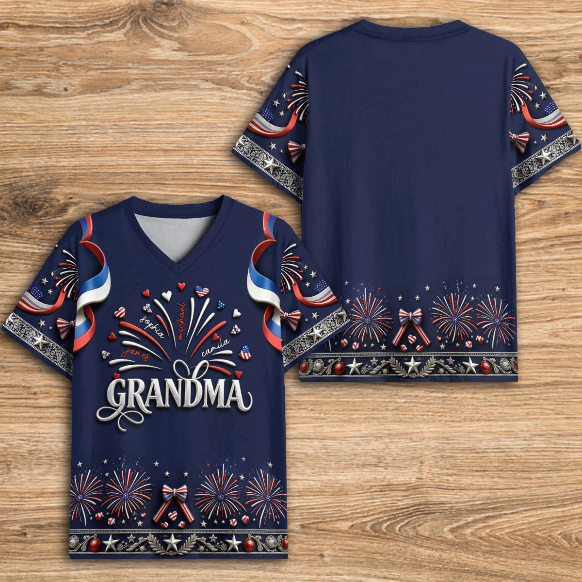 Patriotic Grandma Shirt - Personalized Grandma Fully Printed V-Neck T-Shirt