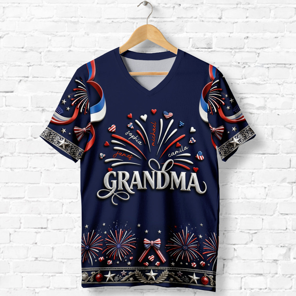 Patriotic Grandma Shirt - Personalized Grandma Fully Printed V-Neck T-Shirt