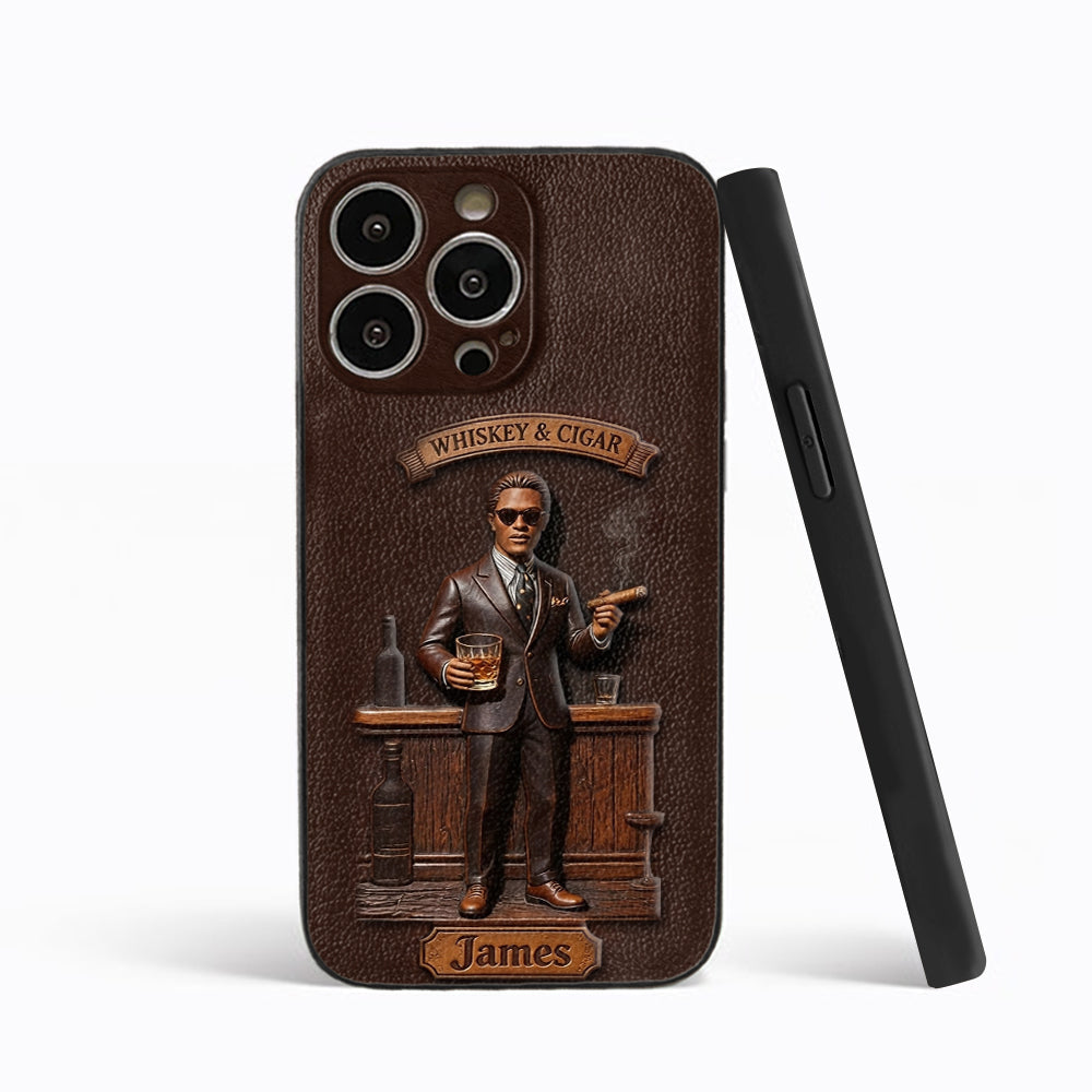 Whiskey And Cigar - Personalized Whisky 3D Embossed Leather Phone Case