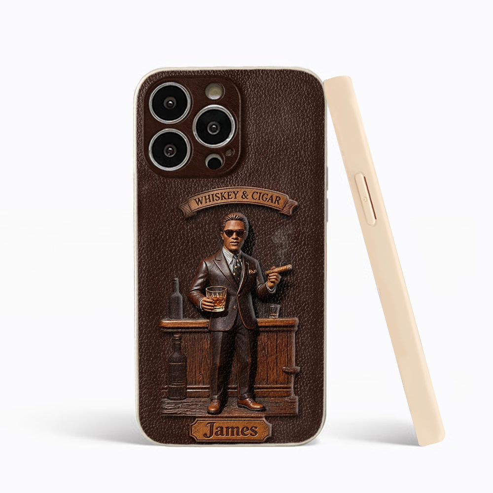 Whiskey And Cigar - Personalized Whisky 3D Embossed Leather Phone Case