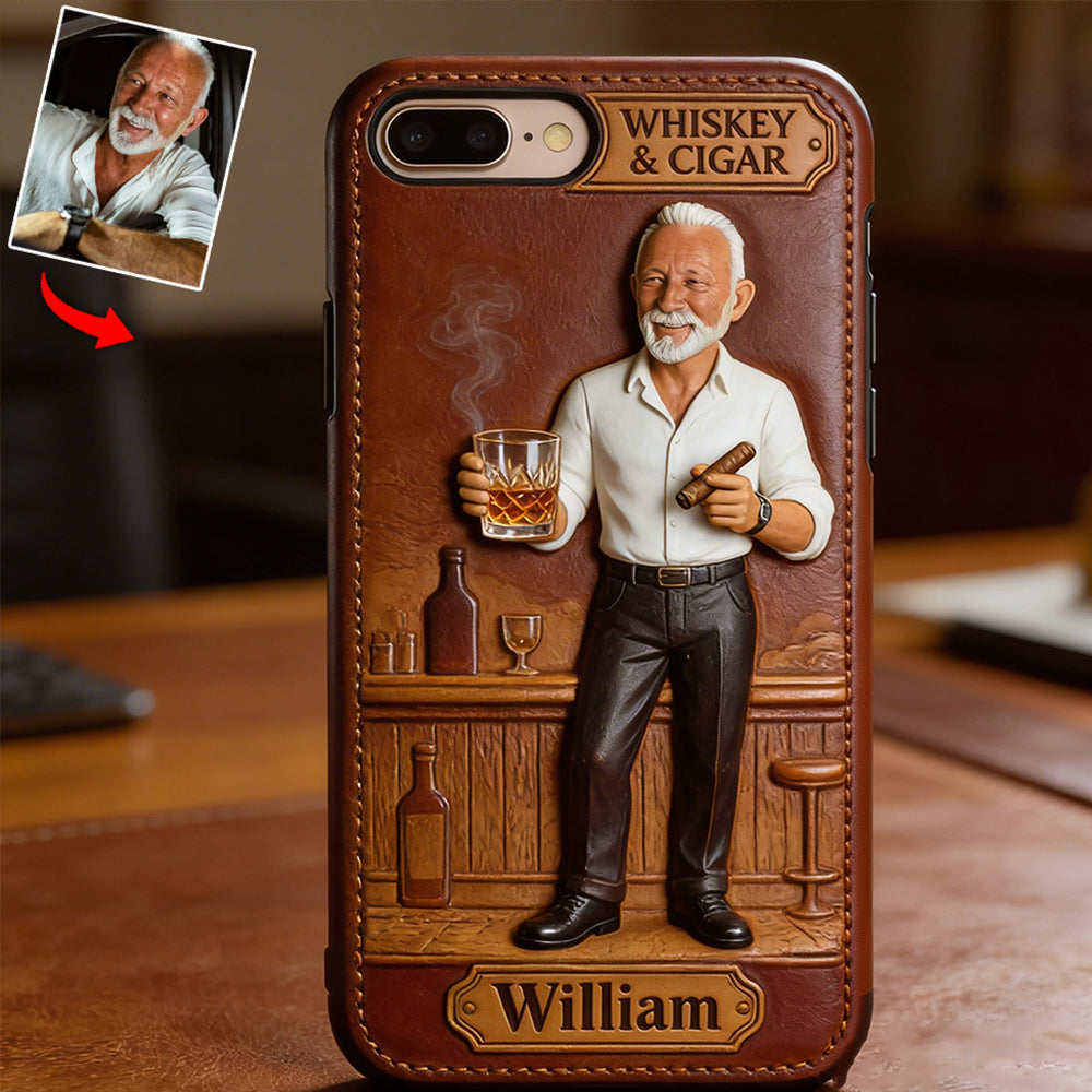 Whiskey And Cigar - Personalized Whisky 3D Embossed Leather Phone Case