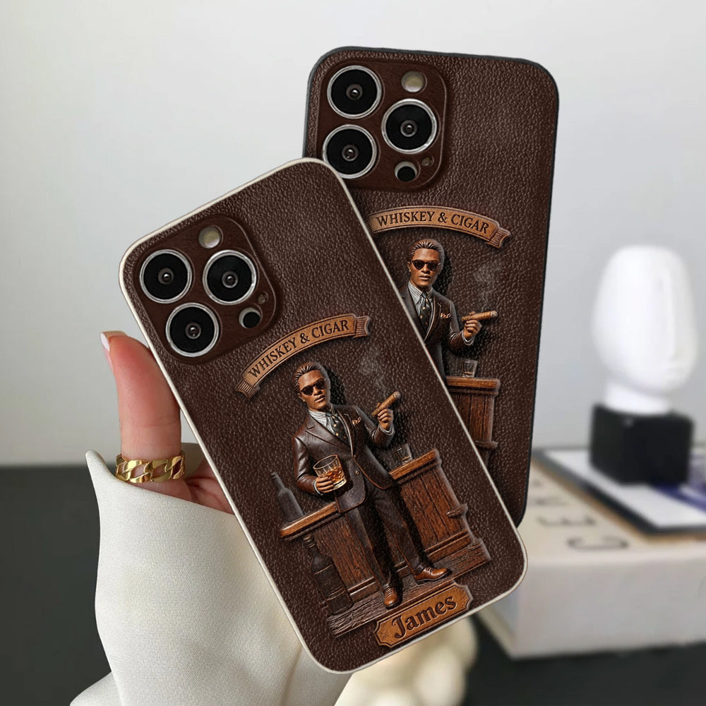 Whiskey And Cigar - Personalized Whisky 3D Embossed Leather Phone Case