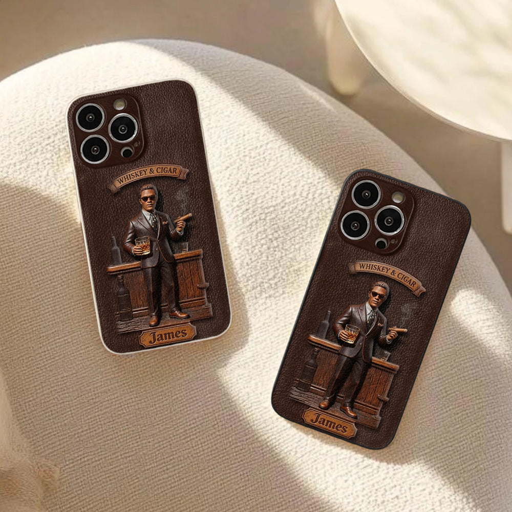 Whiskey And Cigar - Personalized Whisky 3D Embossed Leather Phone Case