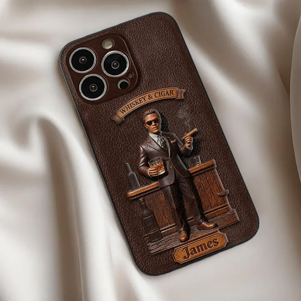 Whiskey And Cigar - Personalized Whisky 3D Embossed Leather Phone Case