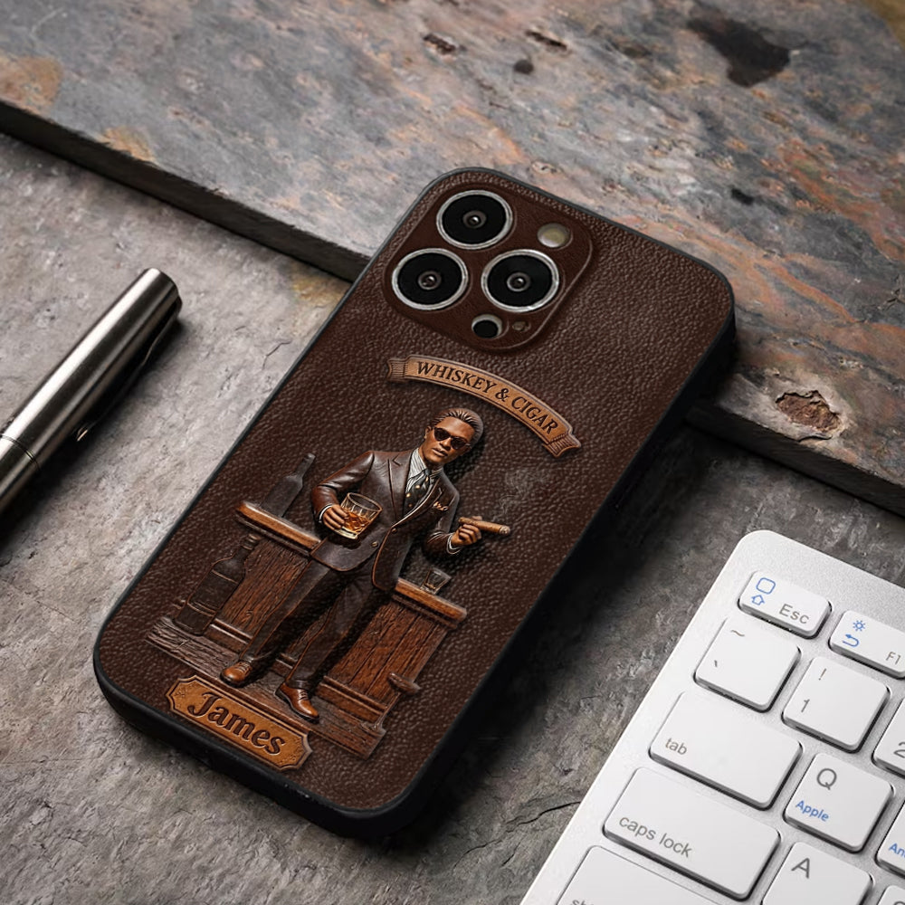 Whiskey And Cigar - Personalized Whisky 3D Embossed Leather Phone Case