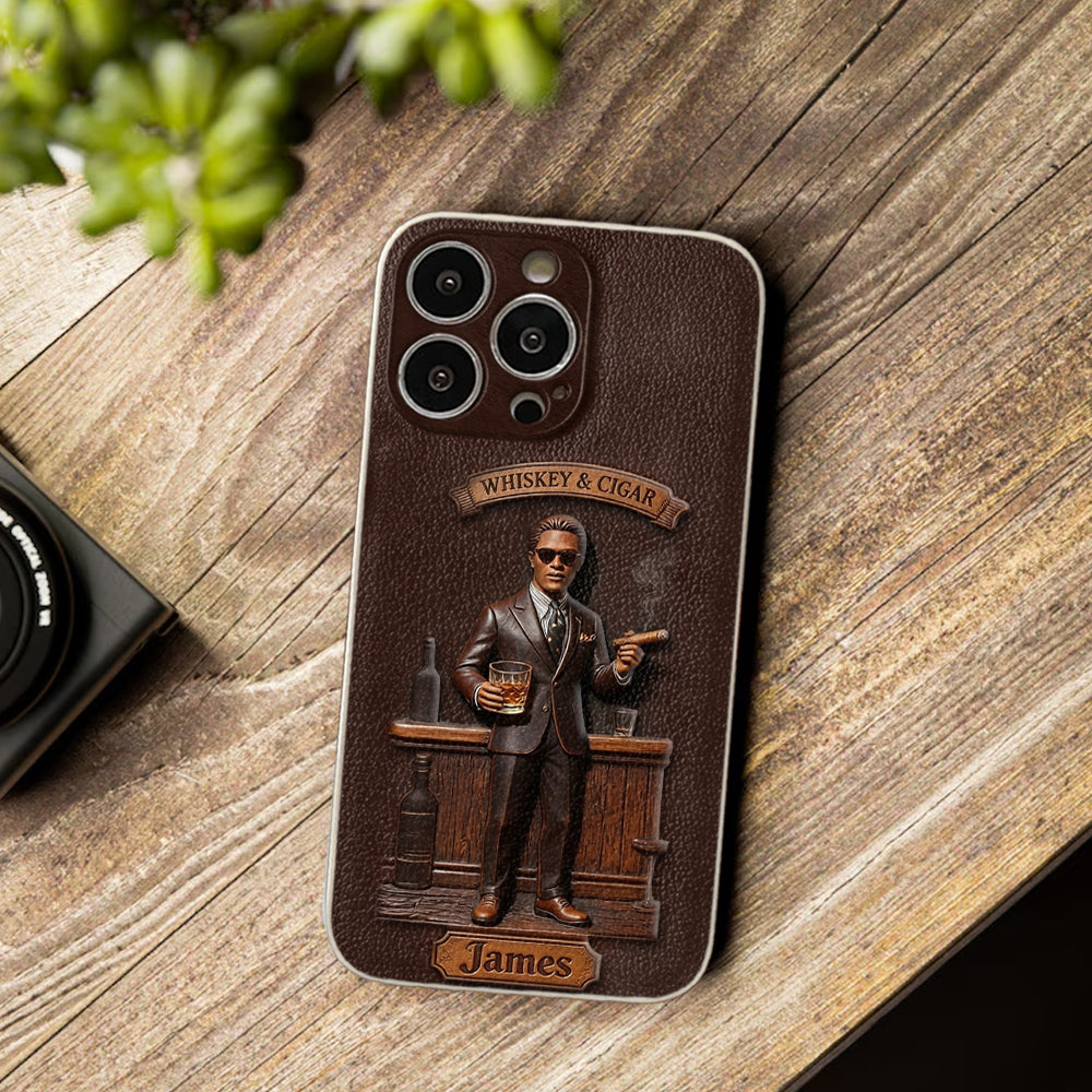 Whiskey And Cigar - Personalized Whisky 3D Embossed Leather Phone Case