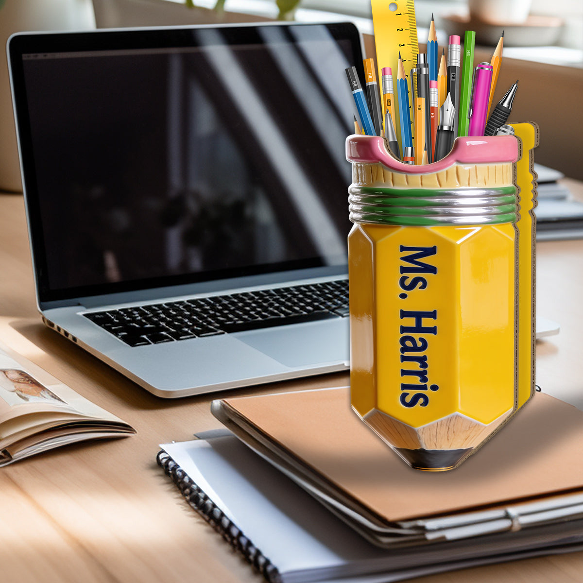 Pencil-Shaped Teacher Gift - Personalized Teacher Wooden Desk Organizer