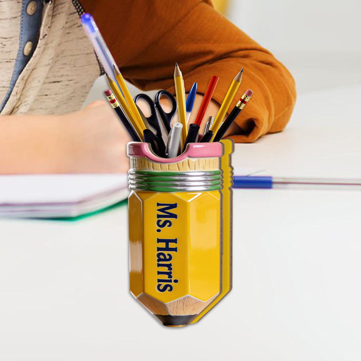 Pencil-Shaped Teacher Gift - Personalized Teacher Wooden Desk Organizer