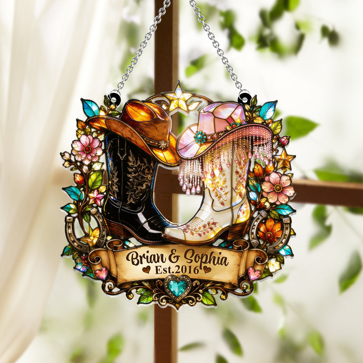 Western, Cowboy Cowgirl Couple Gift - Personalized Western Outfit Window Hanging Suncatcher Ornament