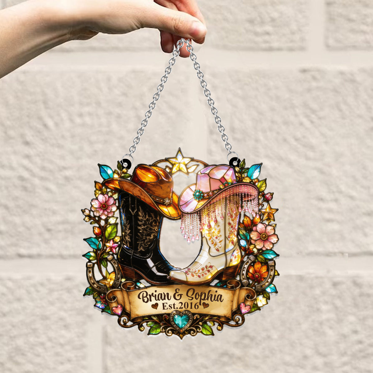 Western, Cowboy Cowgirl Couple Gift - Personalized Western Outfit Window Hanging Suncatcher Ornament