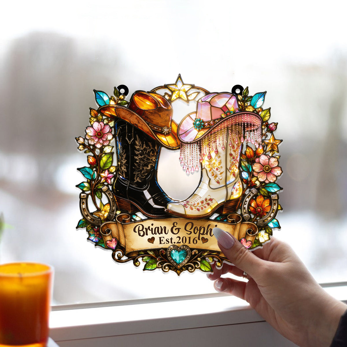 Western, Cowboy Cowgirl Couple Gift - Personalized Western Outfit Window Hanging Suncatcher Ornament
