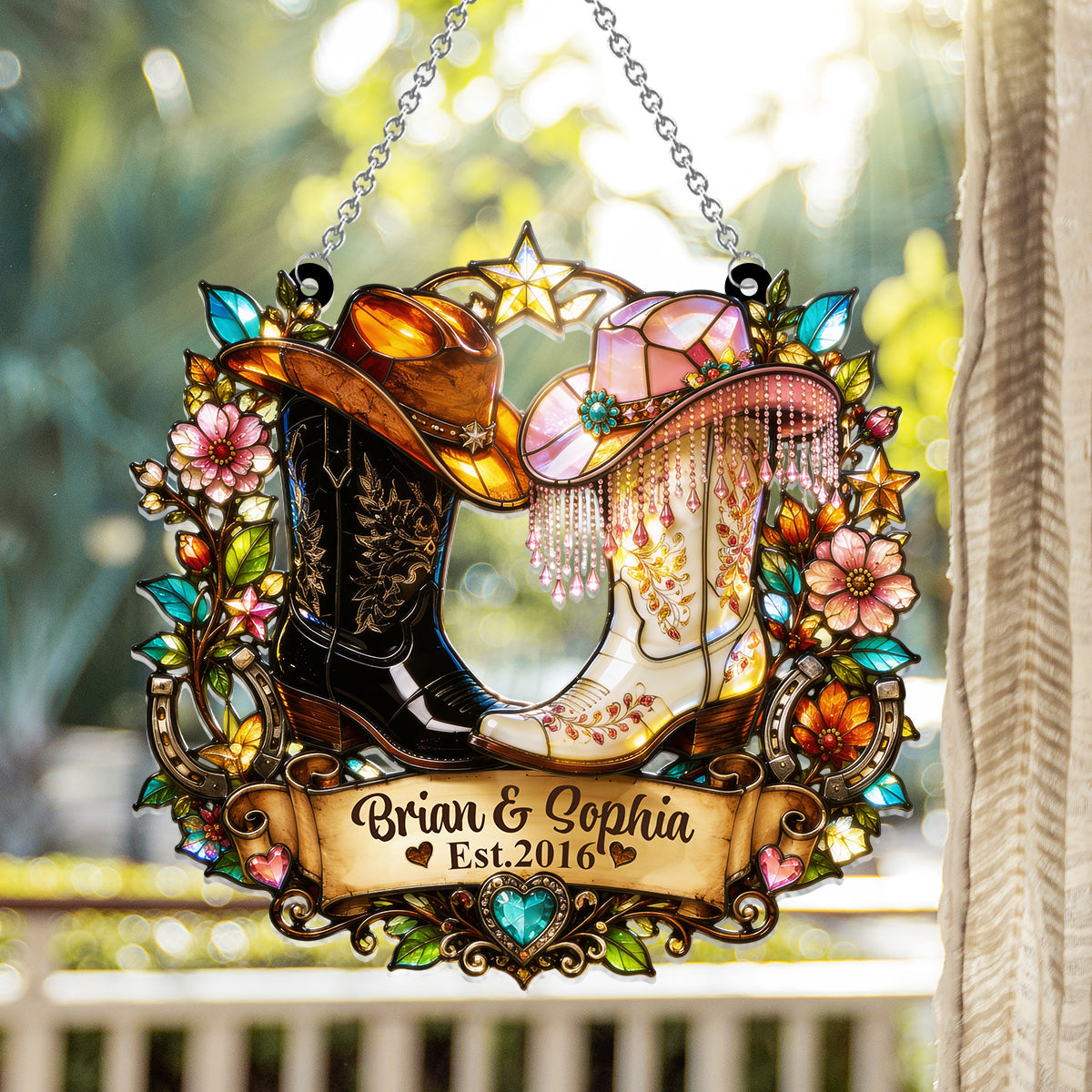 Western, Cowboy Cowgirl Couple Gift - Personalized Western Outfit Window Hanging Suncatcher Ornament