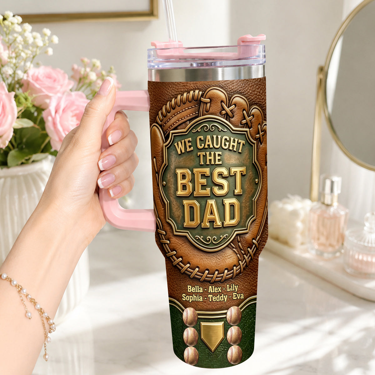 We Caught The Best Dad - Personalized Baseball Tumbler With Handle