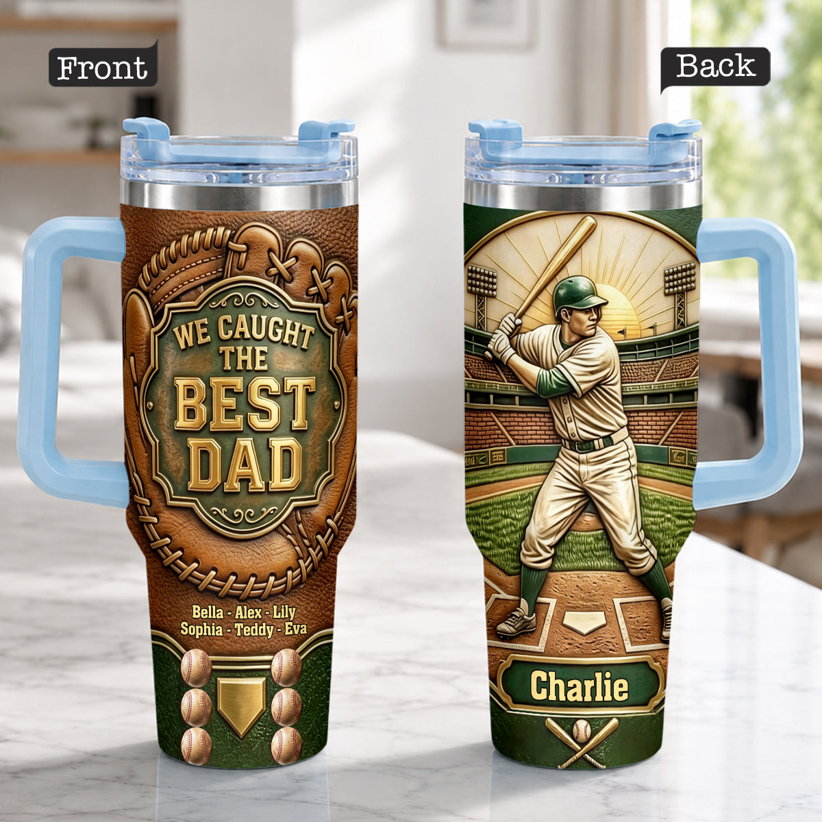 We Caught The Best Dad - Personalized Baseball Tumbler With Handle