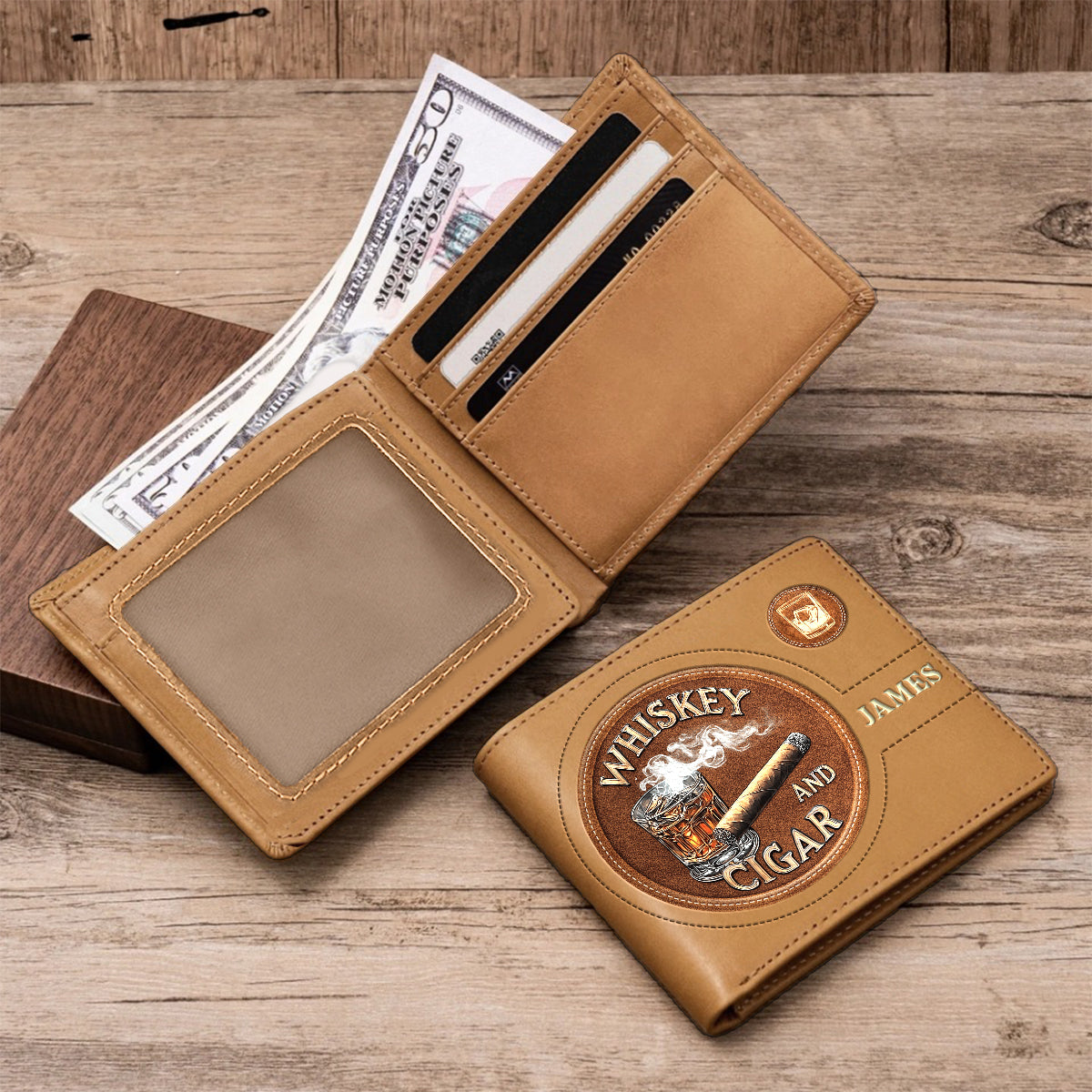 Whiskey And Cigar - Personalized Whisky Leather Wallet