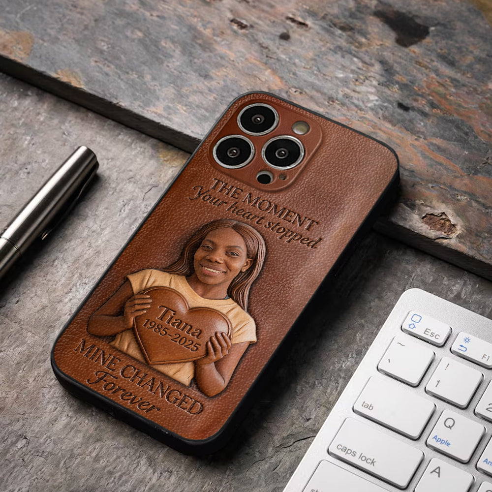 The Moment Your Heart Stopped - Personalized Memorial 3D Embossed Leather Phone Case
