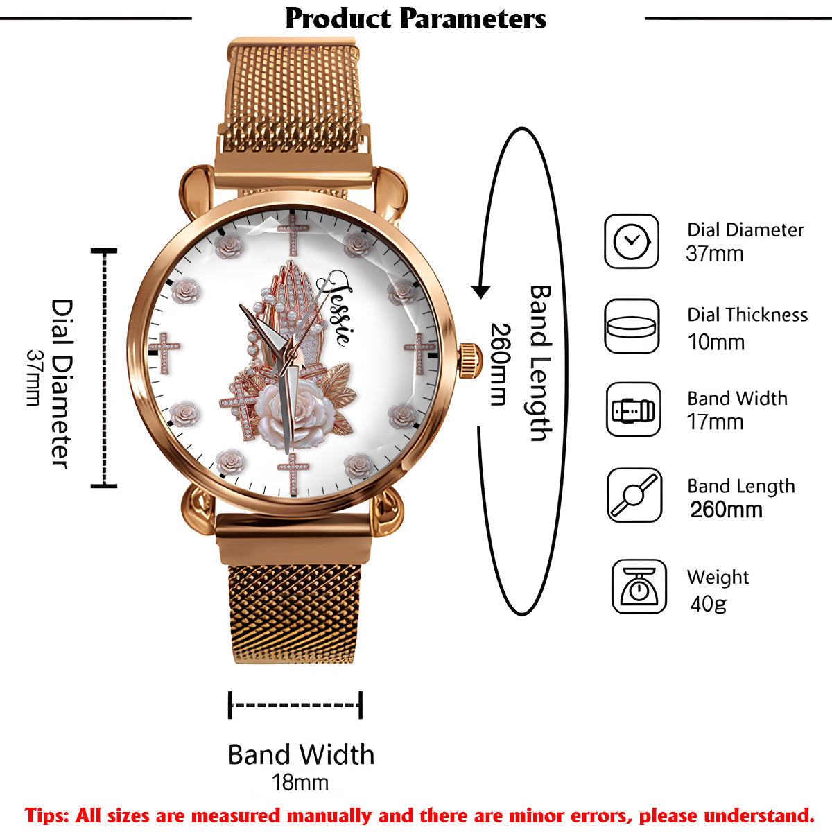 Praying Hands With Roses - Personalized Christian Women Hand Watch