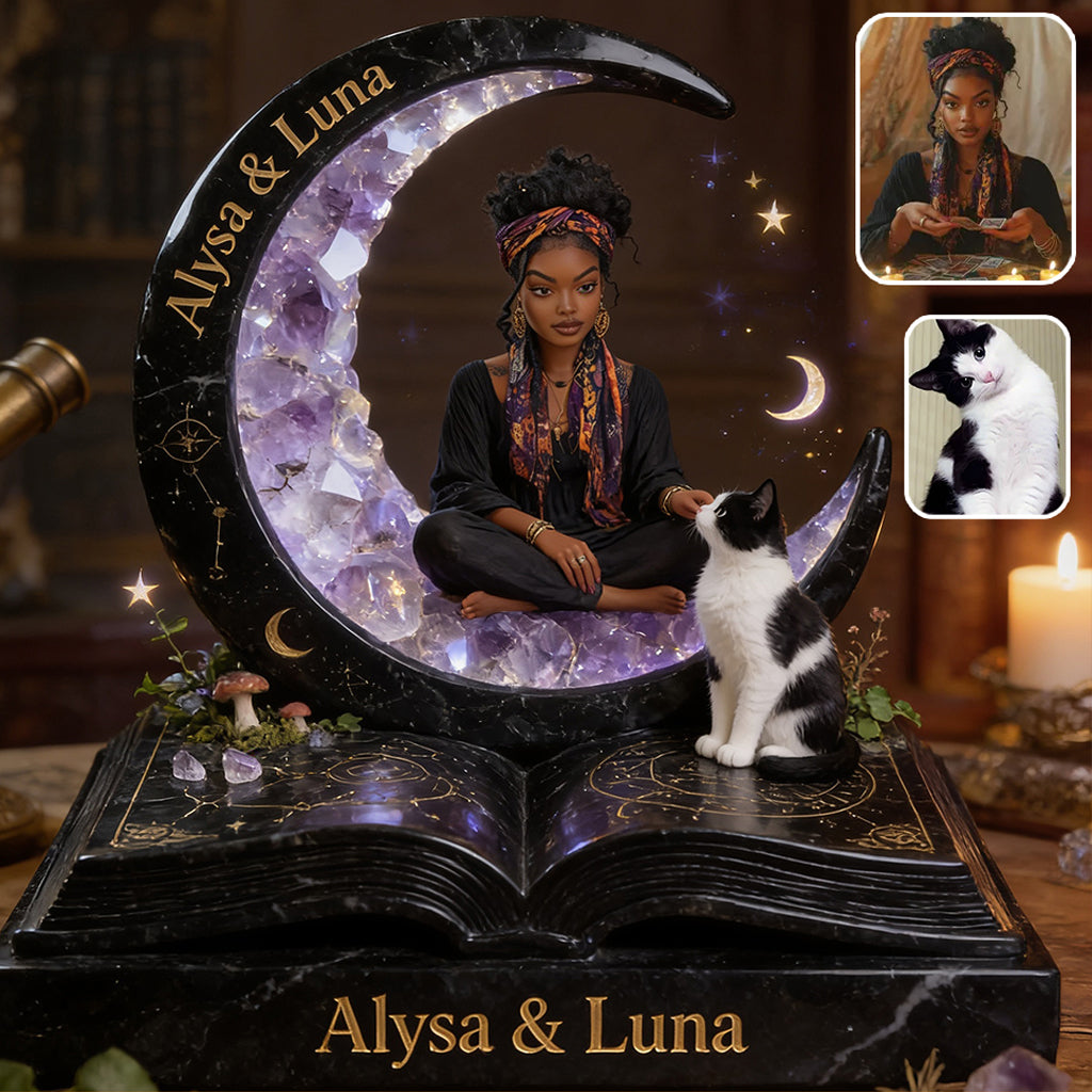 The Witch, Her Crystal, Her Cat, And Her Spell Book - Personalized Witch Custom Shaped Acrylic Plaque