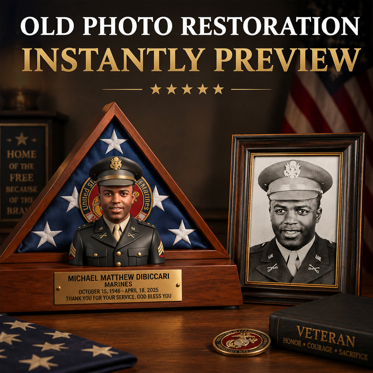 Old Photo Restroration, Memorial Veteran - Personalized Veteran Custom Shaped Wood Plaque