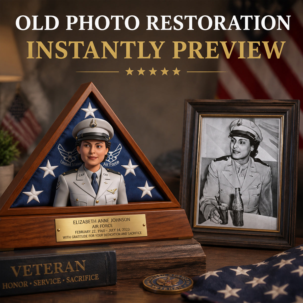 Old Photo Restroration, Memorial Veteran - Personalized Veteran Custom Shaped Wood Plaque