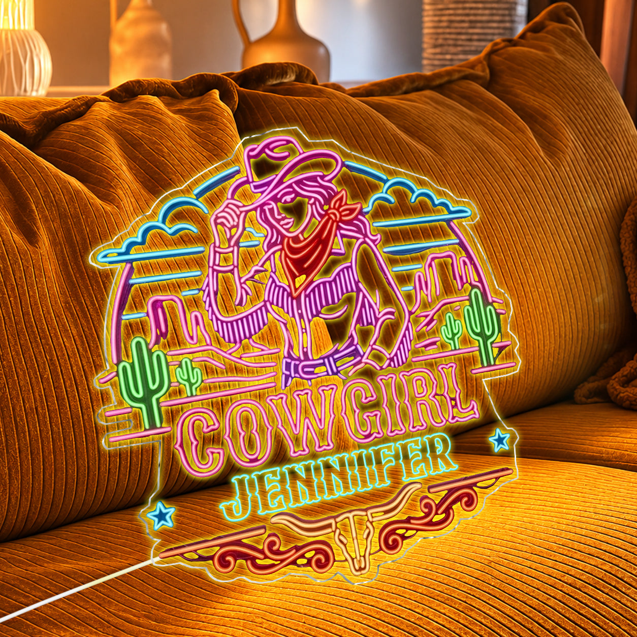 USB-Operated Neon Cowgirl Cowboy Sign - Personalized Cowgirl Neon LED Light Sign