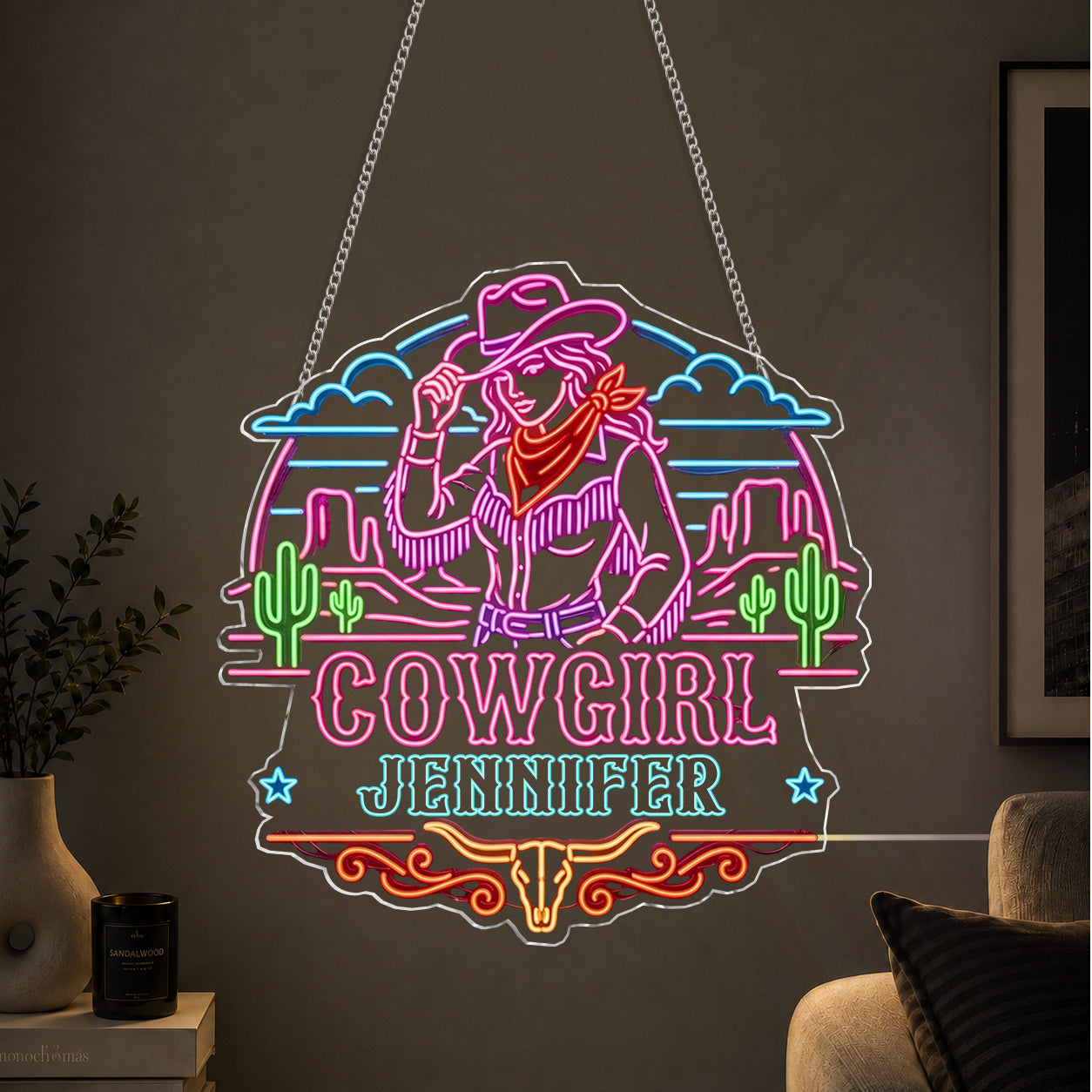 USB-Operated Neon Cowgirl Cowboy Sign - Personalized Cowgirl Neon LED Light Sign