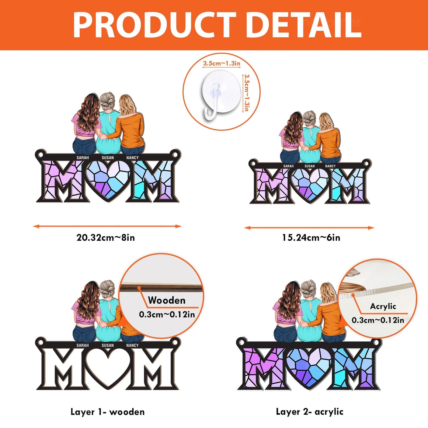 Personalized Wood and Acrylic Layered Ornament Mom Stained Glass Style Family Hug Window Hanging, Unique Gift for Mom