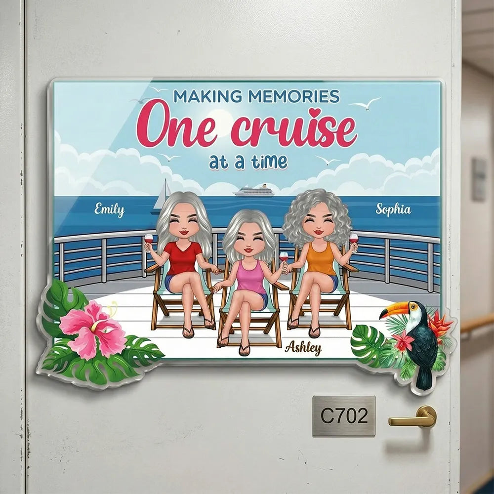 Personalized Cruise Besties Acrylic Magnet for Cabin Door, Sitting Deck Ocean View, Unique Friendship Gift
