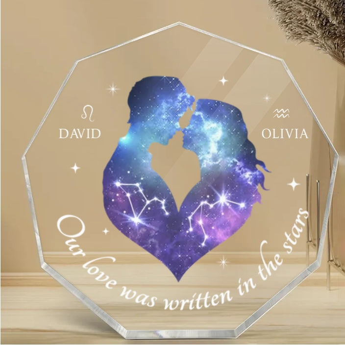 Personalized Zodiac Couple Ornament - "Our Love Was Written in the Stars" Custom Acrylic Plaque, Keychain, or Sign - Romantic Gift for Lovers
