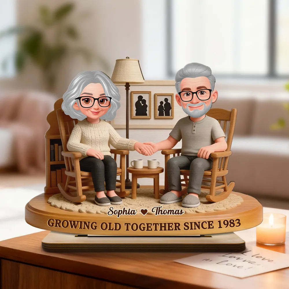 Personalized 2-Layer Wooden Plaque Elderly Couple Holding Hands in Cozy Living Room, Unique Anniversary Gift for Him or Her