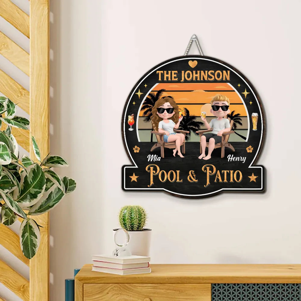 Personalized Wooden Sign with Relaxing Couple at Sunset Pool & Patio Scene, Unique Custom Gift for Couples