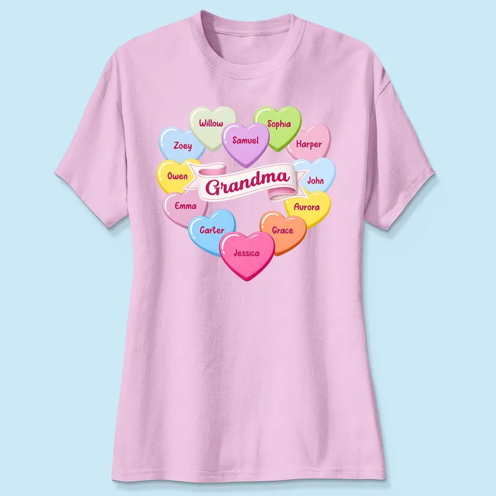 Personalized Grandma Classic Tee, Candy Heart Names Design for Valentine's Day, Unique Gift for Grandma