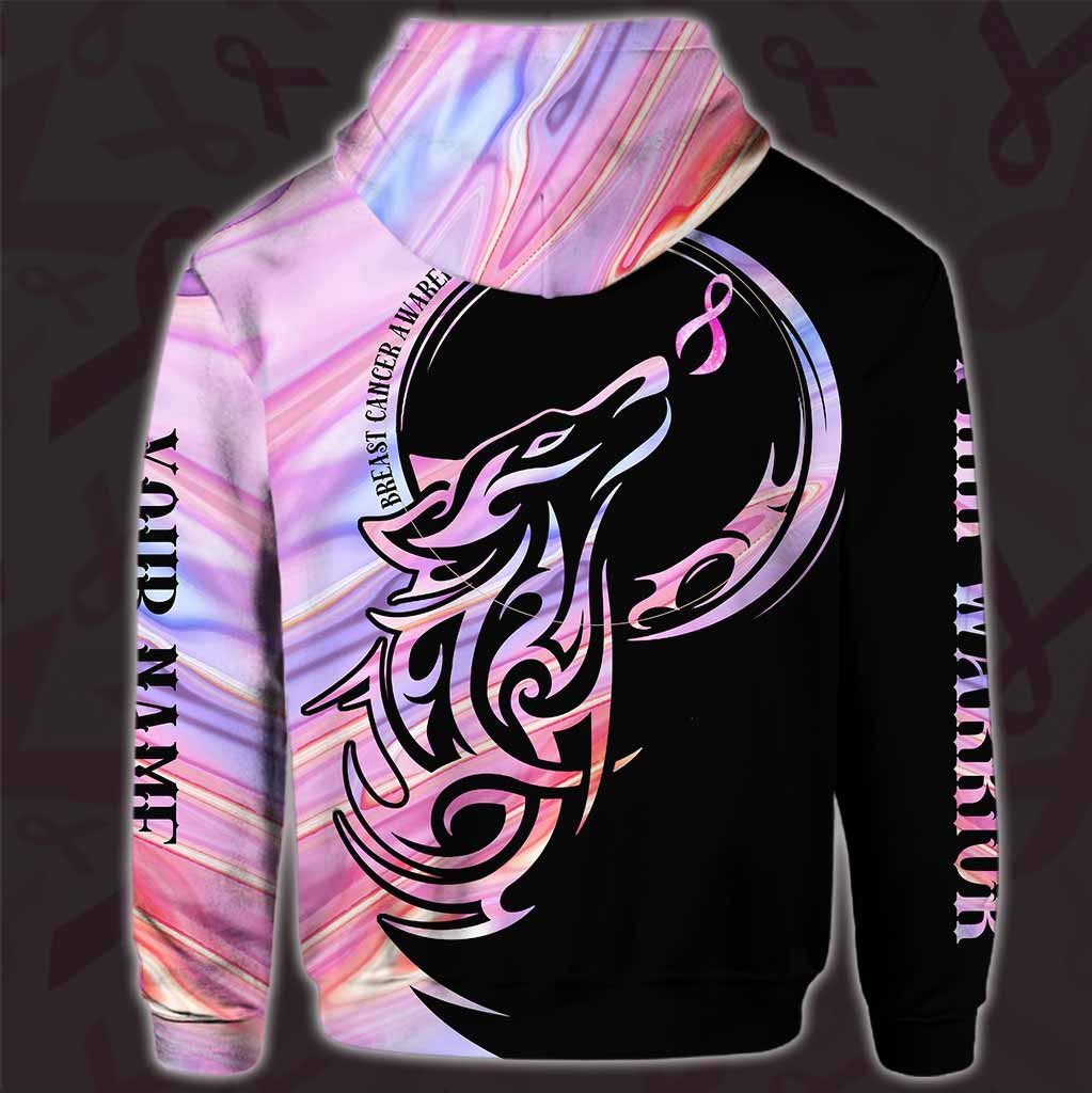 Pink Warrior Wolf Pink Ribbon - Breast Cancer Awareness Personalized All Over T-shirt and Hoodie