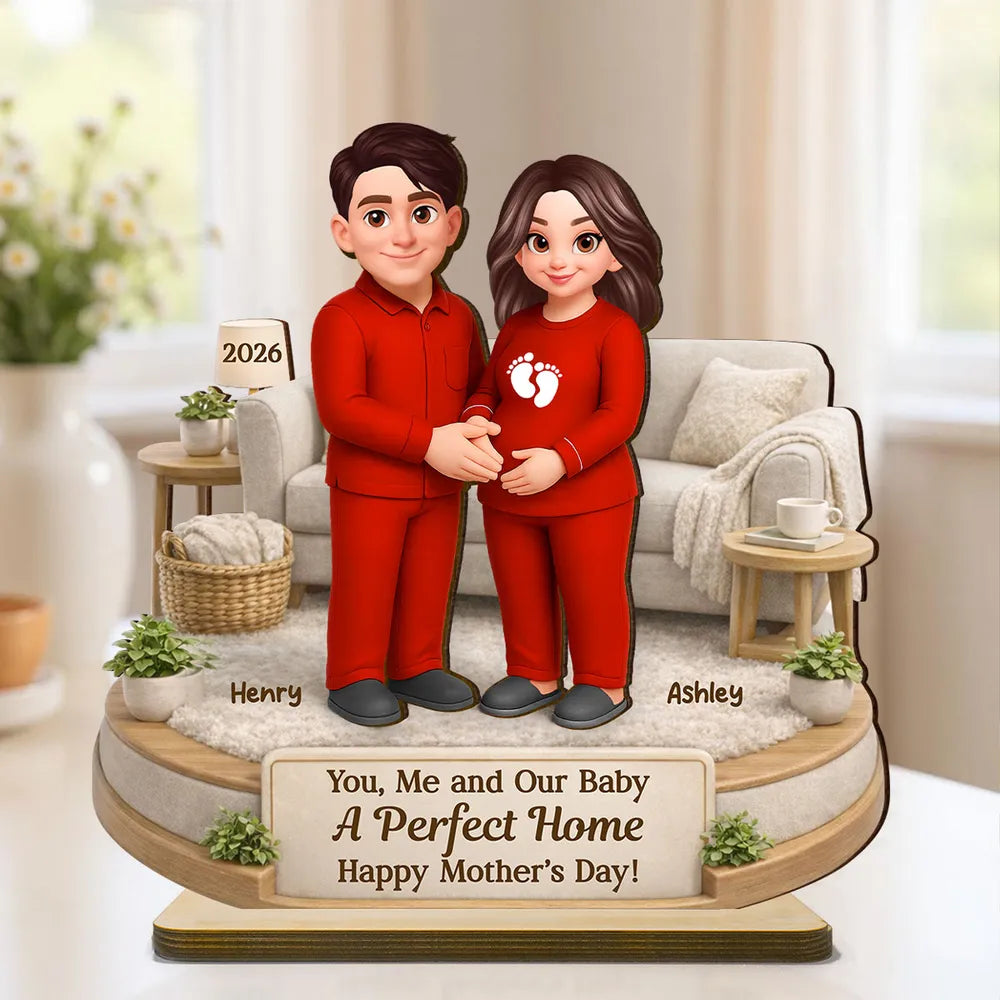 Personalized 2-Layer Wooden Plaque for Expecting Couple in Cozy Living Room Scene, Unique Mother's Day Gift
