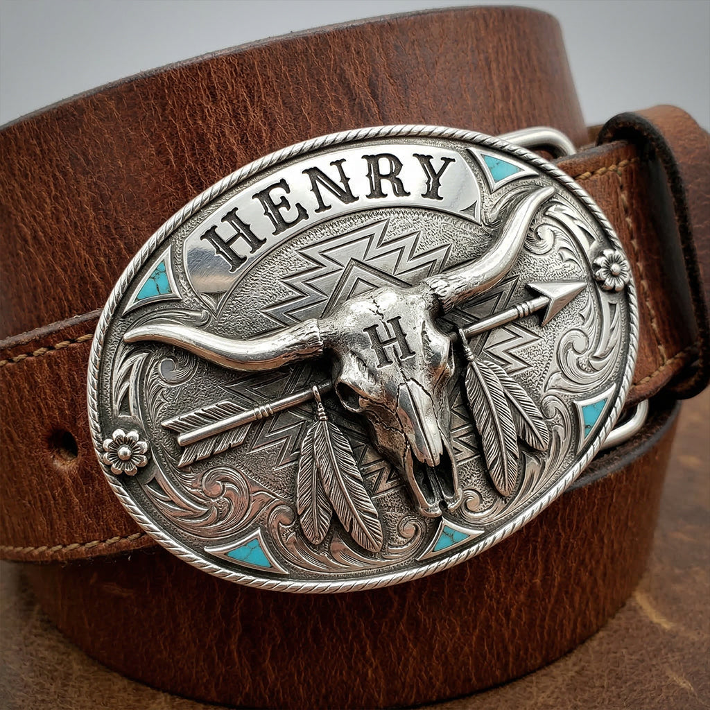 Custom Initial Western Spirit - Personalized Western Outfit Leather Belt With Shaped Buckle