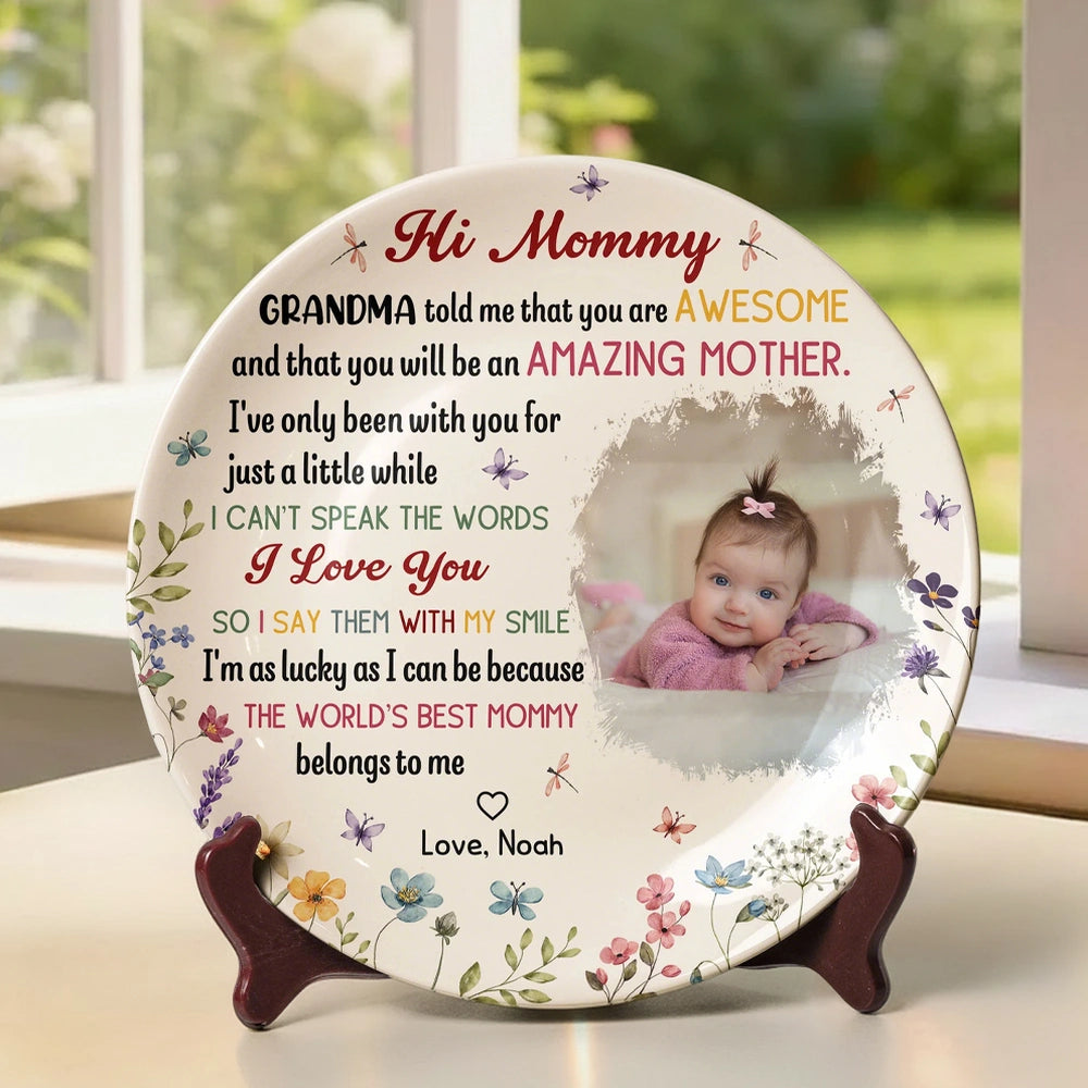 Bone China Plaque with Baby Photo and Heartfelt Mom Message, Soft Floral Table Accent and Wall Decor, Thoughtful Gift