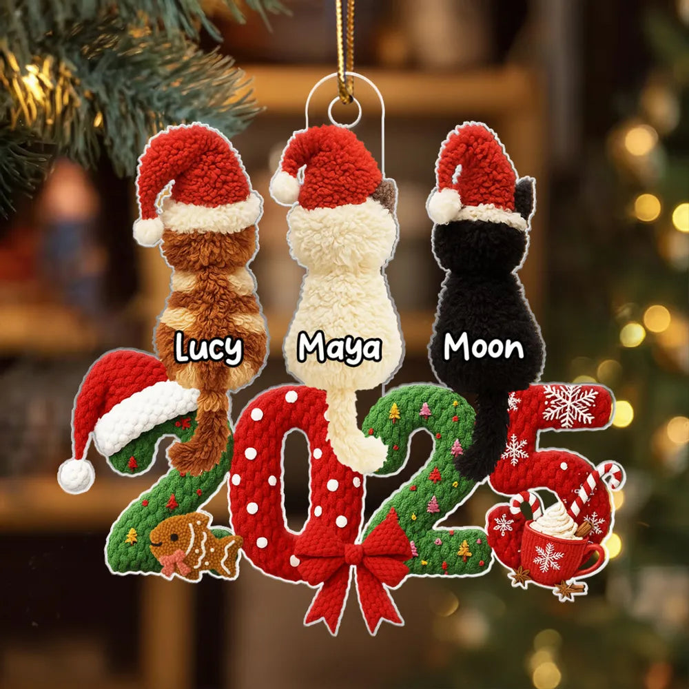 Personalized Acrylic Ornament with Santa Hat Cats – Cute Christmas Tree Decor & Unique Gift for Cat Lovers