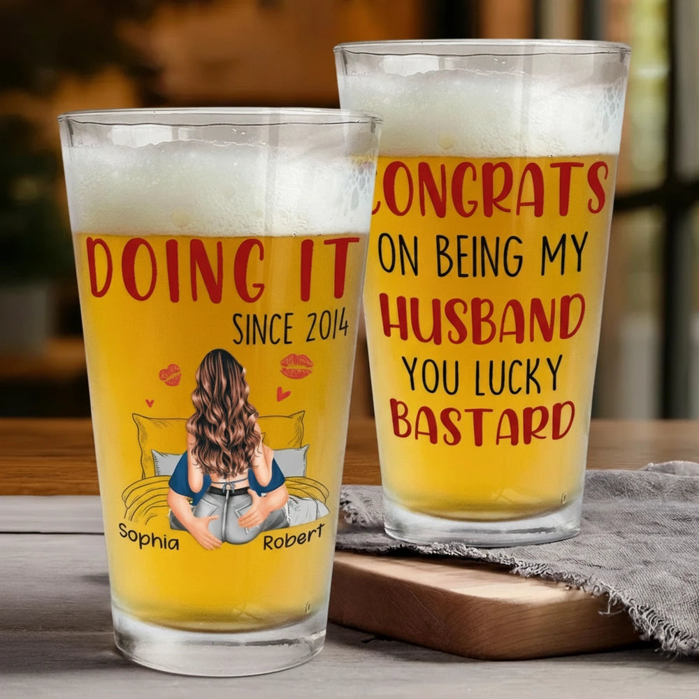 Congrats On Being My Husband Personalized Beer Glass, Cheeky Love Quote Gift For Him With Heart And Kiss Marks