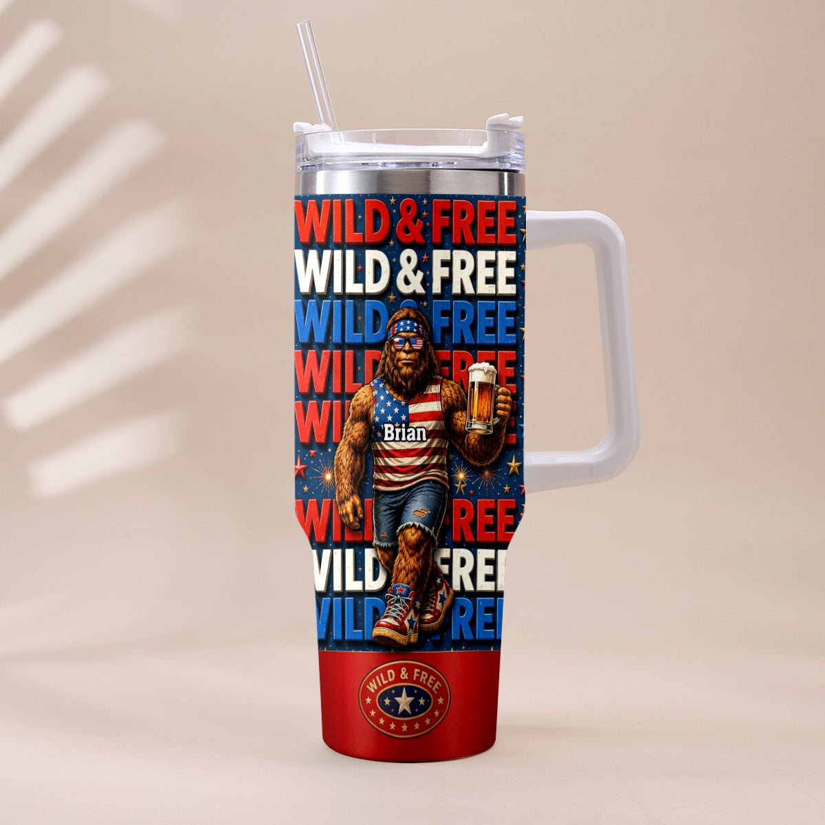 4th of July, Bigfoot Independence Day - Personalized Bigfoot Tumbler With Handle